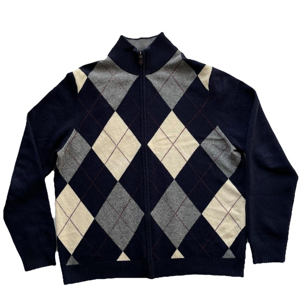 Brooks Brothers Argyle Full Zip Cardigan Sweater 100% Scottish Lambswool Mens L